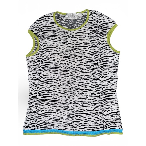 Saks Fifth Avenue Folio Collection Sweaters - Saks Fifth Avenue Folio Collection Tiger Stripe Knit Vest Lime Blue Trim Medium